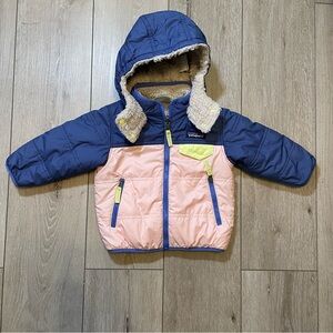 Patagonia Baby Reversible Puff-Ball Jacket - Blue Pink, Sherpa Lined Hooded 12 M